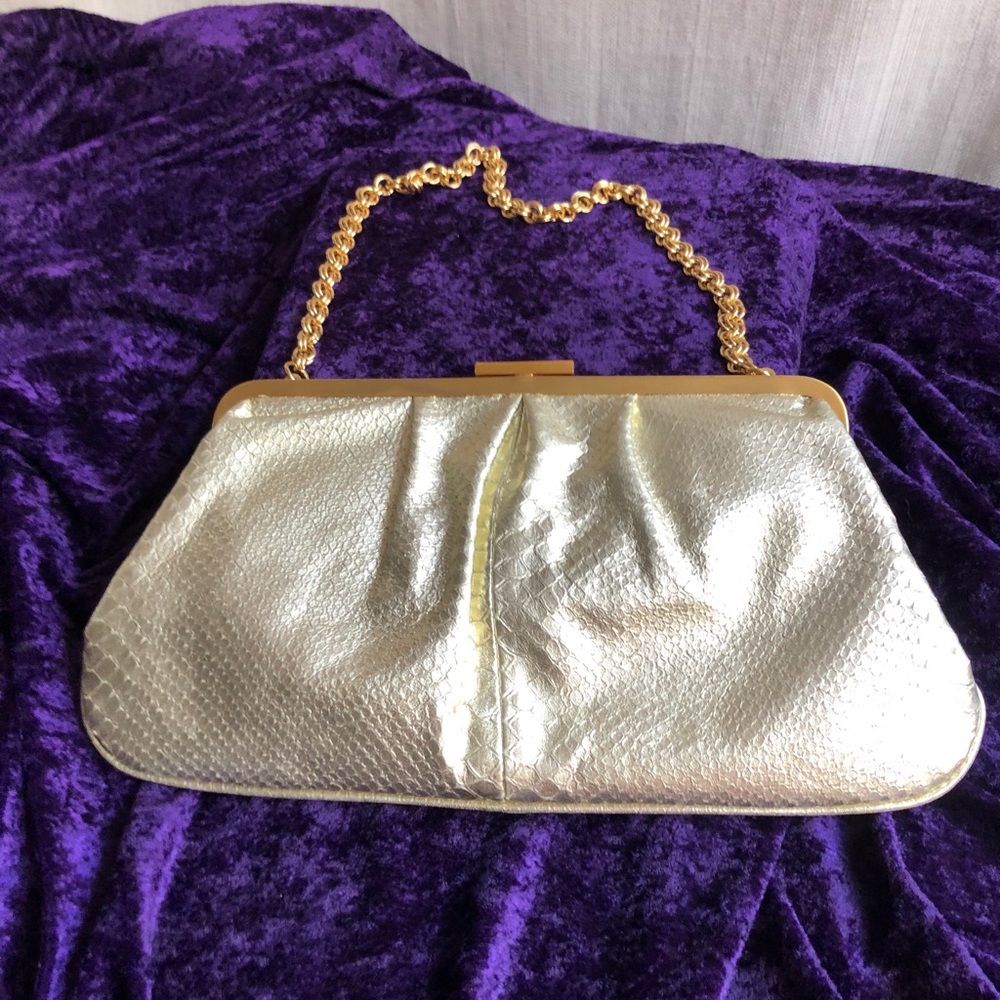 Adrienne Vittadini Tarisa Gold Frame Clutch with Gold Chain Strap NWT